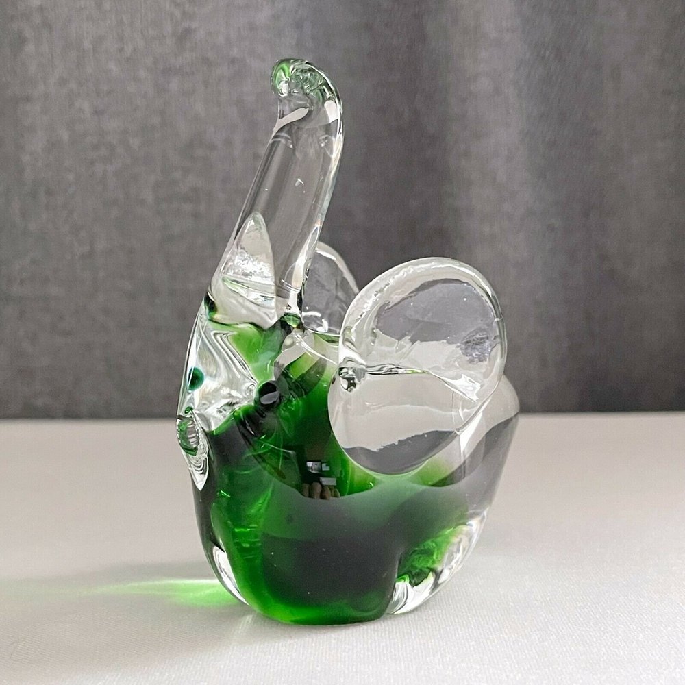 Art Glass Elephant Green & Clear Hand blown Paper Weight Trunk Up